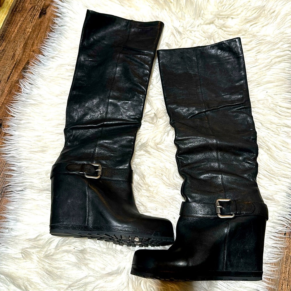 Vera Wang black wedge heel leather boots.  Size 8.5.